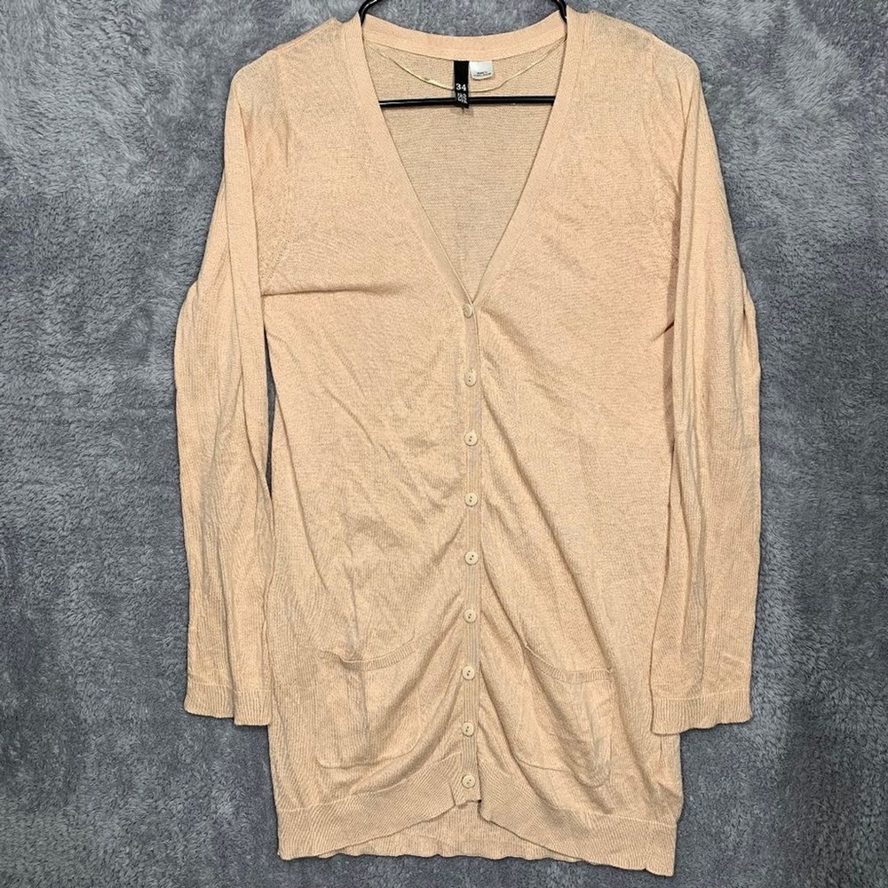 H&M Cardigan‎ Women 34 Peach Tan Longline Button Front V-Neck Knit Pockets